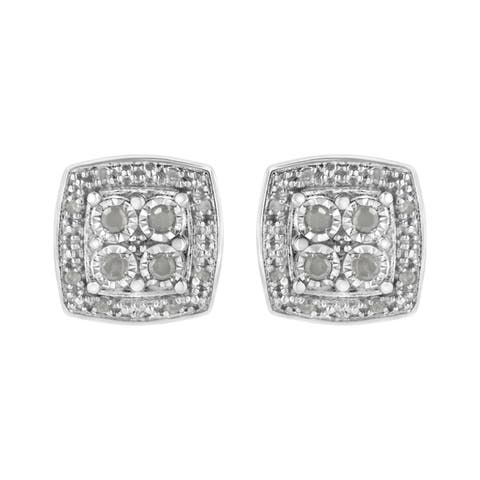 Silver 1/4 Ct Round Diamond Square Shape Milgrain Stud Earrings