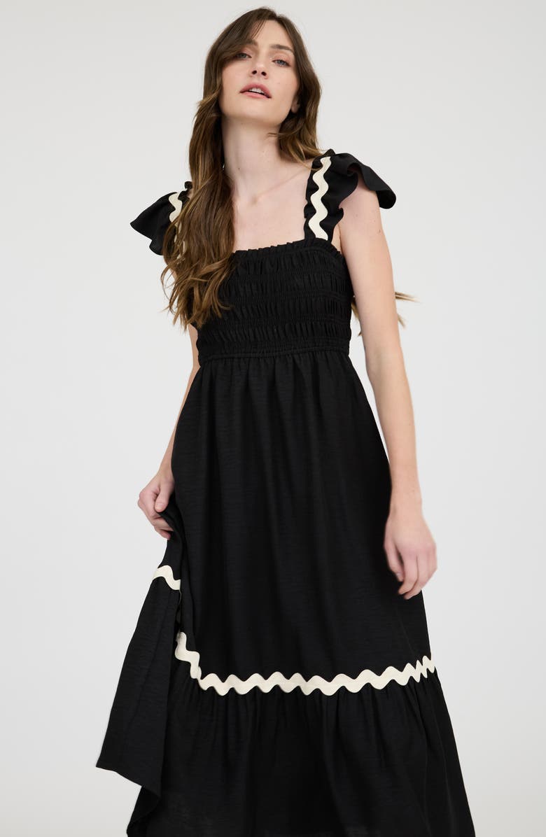AUGUST SKY Wavy Ribbon Tiered Midi Dress, Alternate, color, Black