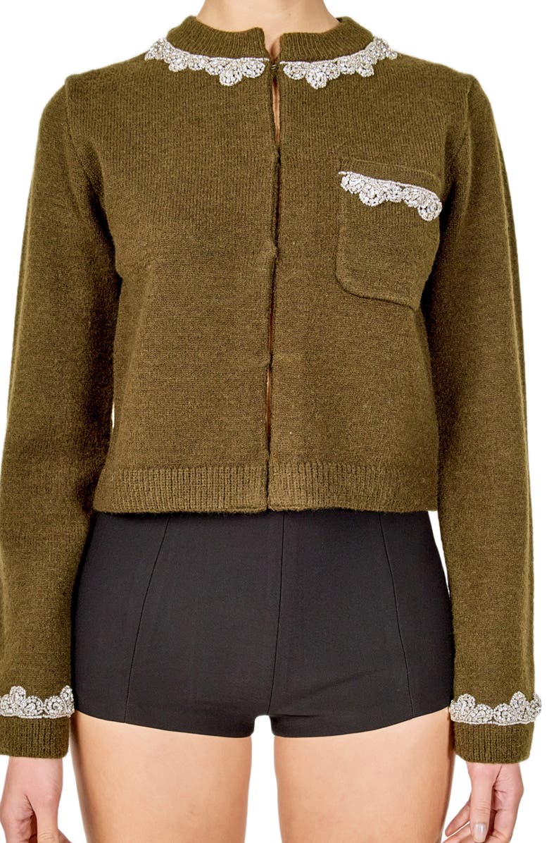 Endless Rose Crystal Embellished Cardigan, Alternate, color, Olive