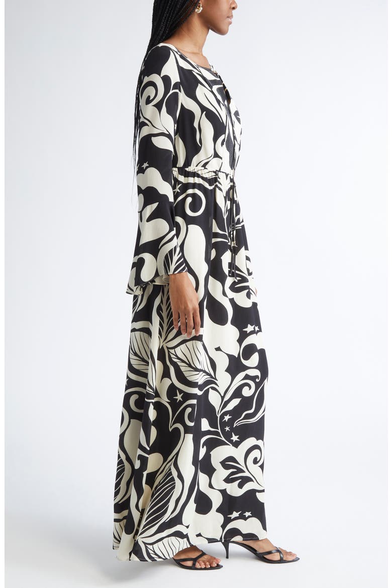 Harlow Leaf Print Long Sleeve Silk Maxi Dress, Alternate, color, ECRU/ BLACK MULTI