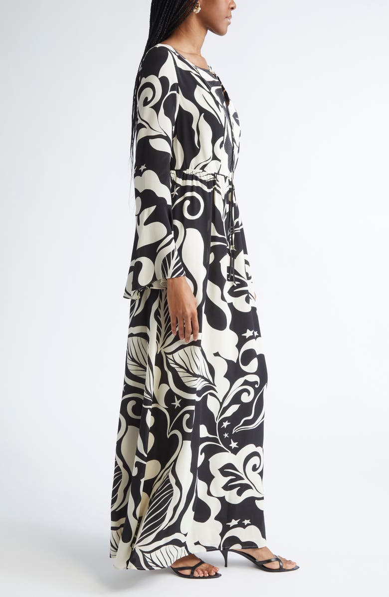 ST. JOHN Harlow Leaf Print Long Sleeve Silk Maxi Dress, Alternate, color, Ecru/ Black Multi