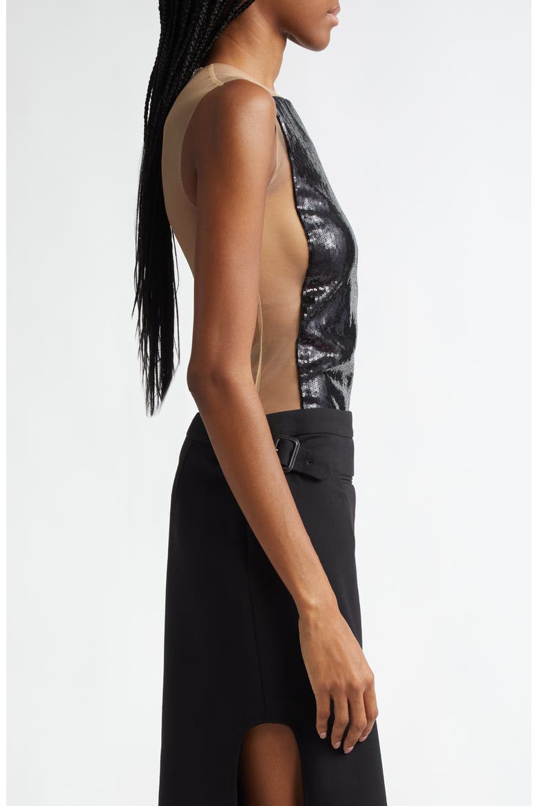 Frame Illusions Inset Sequin Bodysuit (Nordstrom Exclusive), Alternate, color, SAND / BLACK