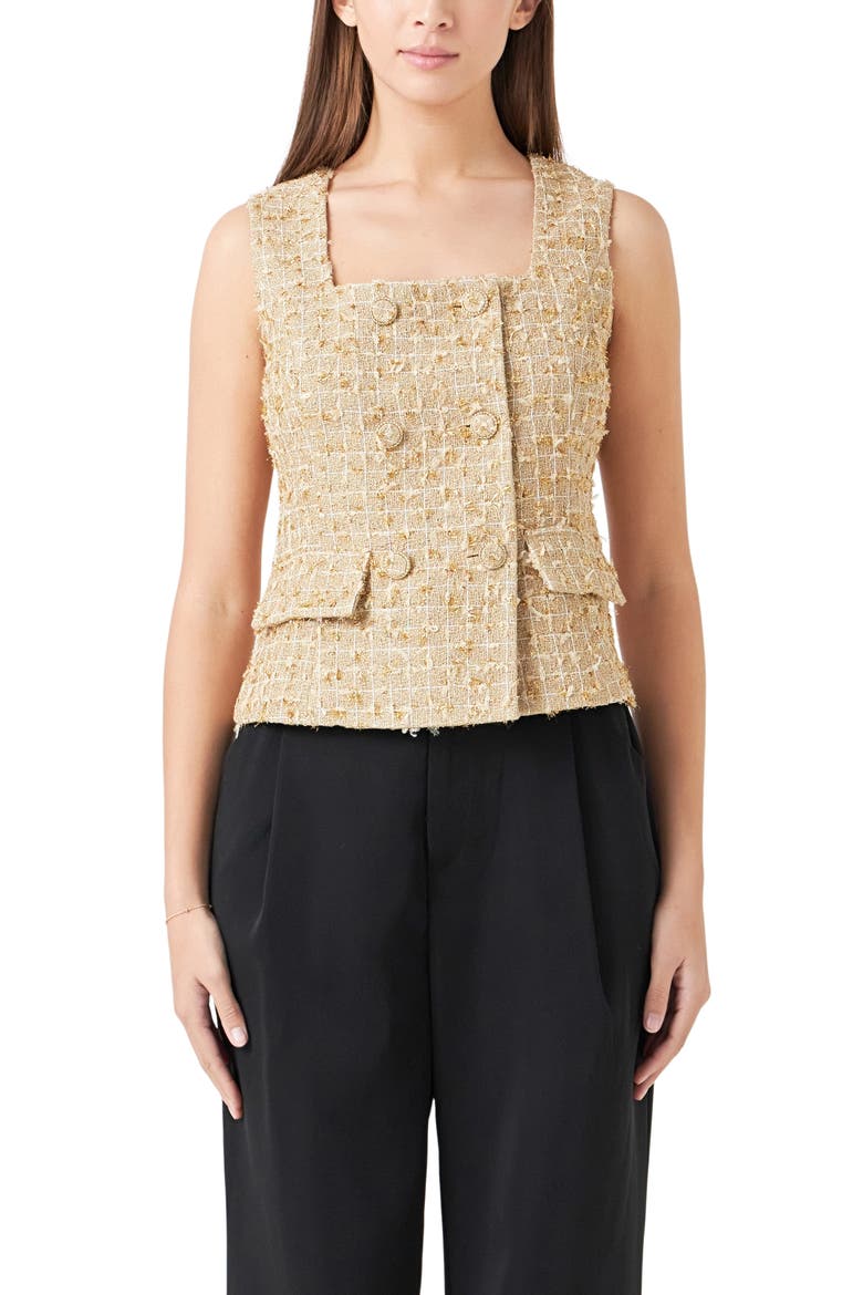 Sleeveless Double Breasted Tweed Top, Alternate, color, GOLD