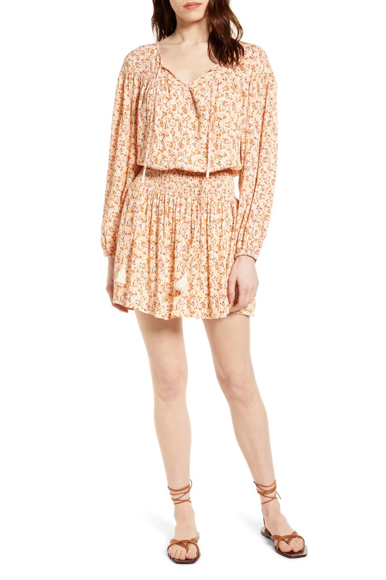 Floral Smocked Waist Long Sleeve Minidress, Main, color, YELLOW MULTI DITSY FLORAL