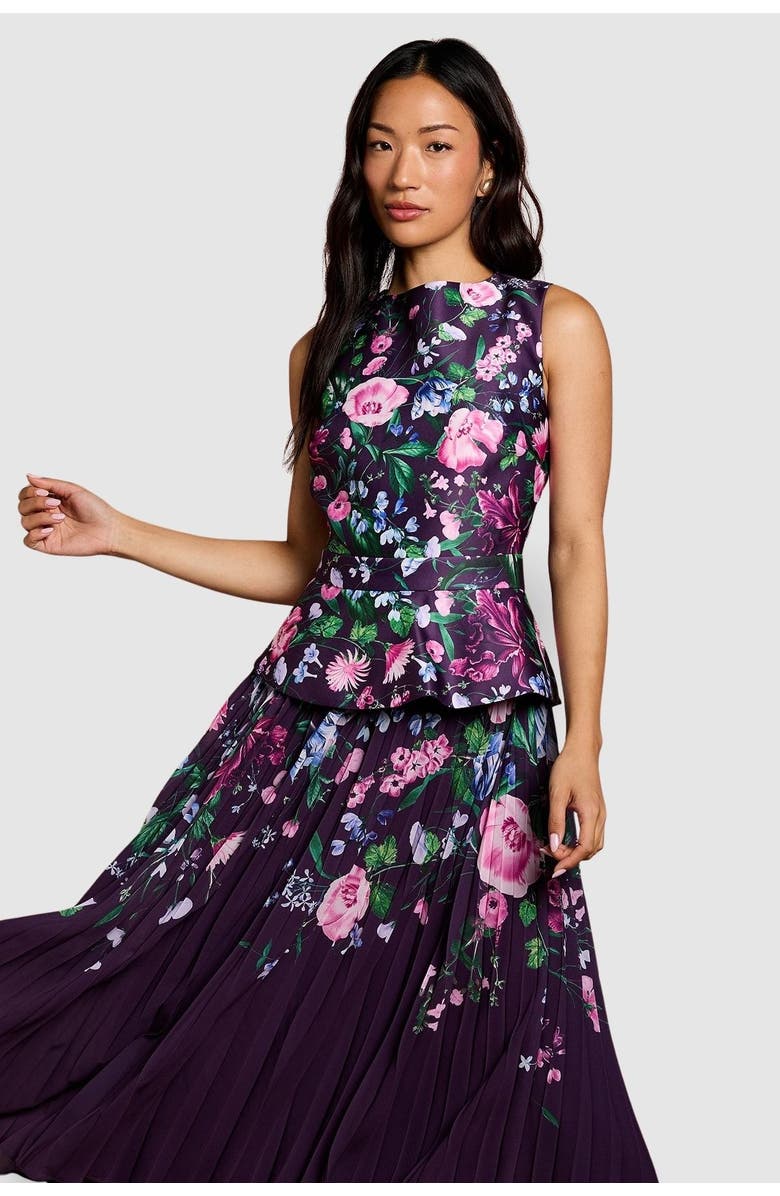 Coast Structured Print Pleated Midi Dress, Alternate, color, Berry