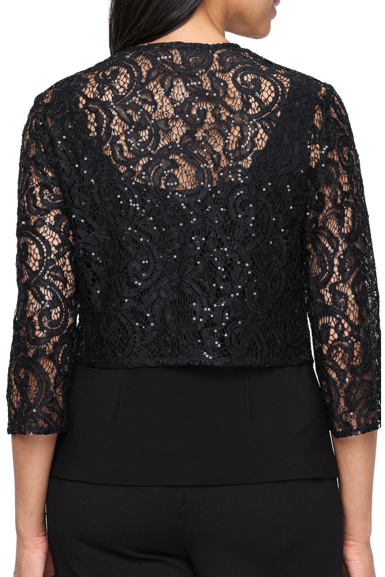 Three-Quarter Sleeve Stretch Sequin Lace Coverup Jacket, Alternate, color, BLACK