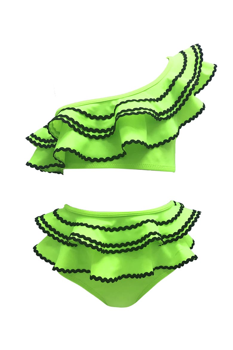 Vibrant Tiered Ruffle One-Shoulder with Ric-Rac Detail Two-Piece Bikini, Main, color, Green