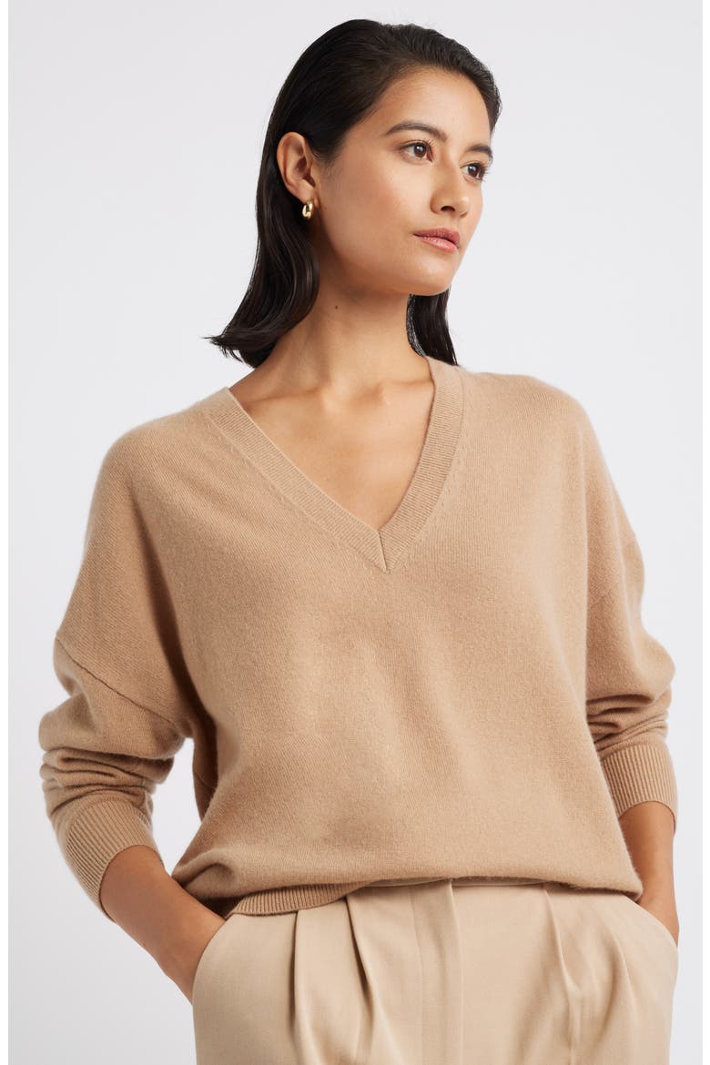 Cashmere V-Neck Sweater, Main, color, CAMEL