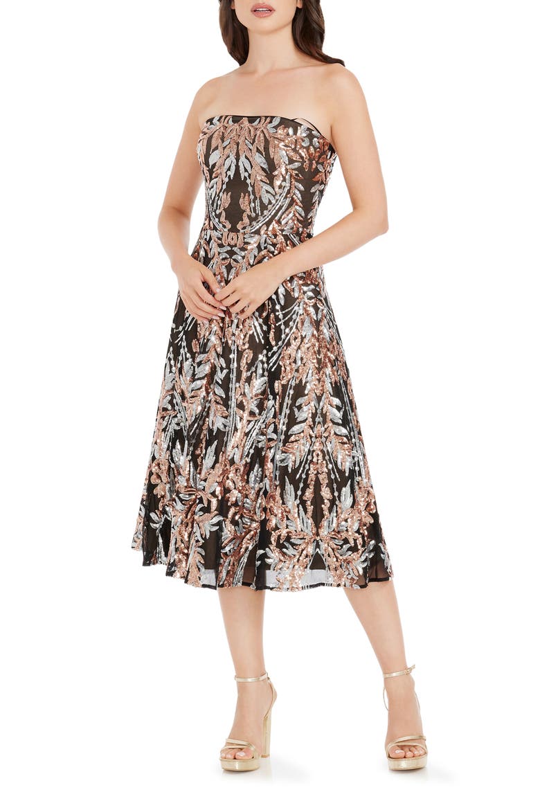 Ruby Sequin Strapless Fit & Flare Midi Dress, Main, color, ROSE GOLD MULTI