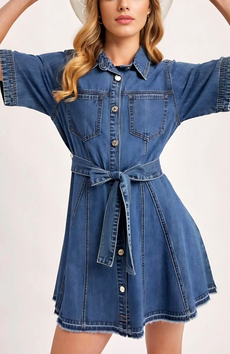Knit and Lounge Short Sleeve Belted Denim Shirt Dress, Alternate, color, Denim Blue