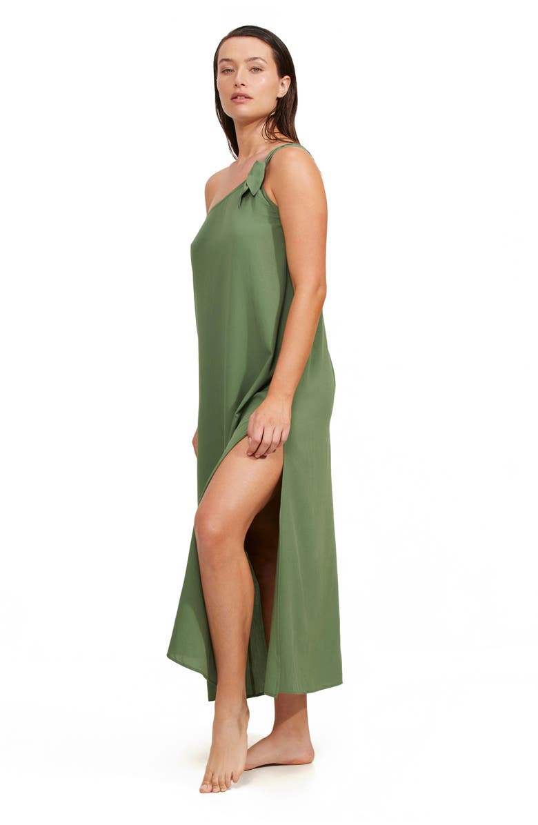 Luma Gottex One Shoulder Sarong Style Maxi Dress Coverup, Alternate, color, Olive