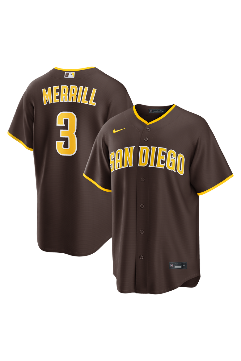 Men's Nike Jackson Merrill Brown San Diego Padres Road Replica Jersey, Main, color, Brown