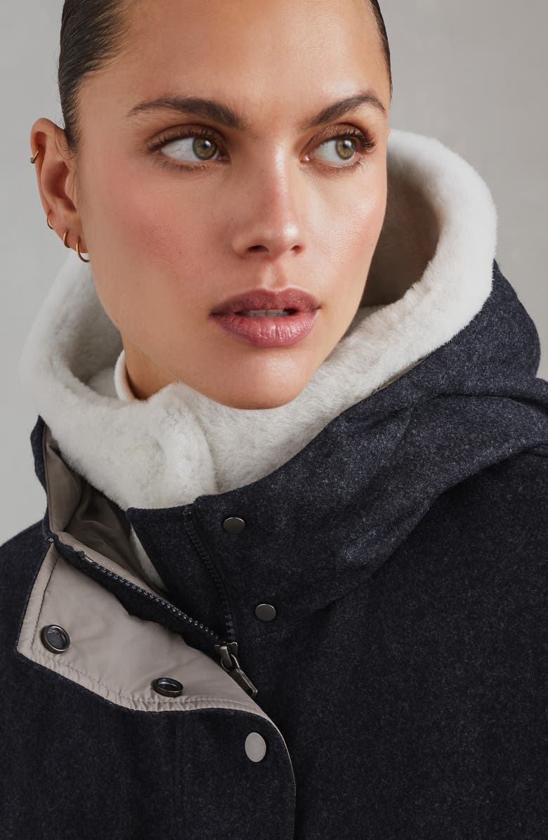 Brunello Cucinelli Virgin wool flannel down parka with detachable shearling insert and shiny zipper pull, Alternate, color, 