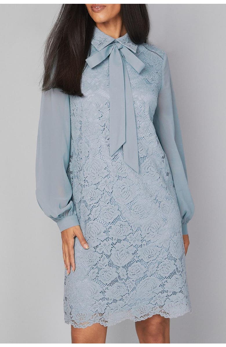 Wallis Lace Tie Neck Shift Dress, Alternate, color, Turquoise