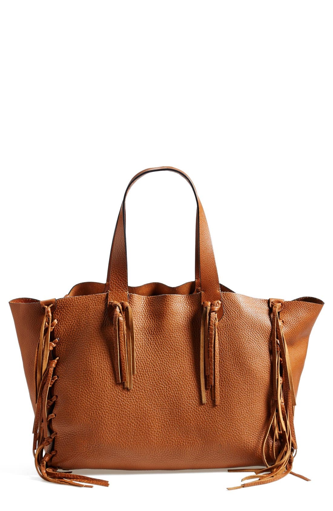 'Crockee' Fringed Leather Tote, Main, color, LIGHT CUIR
