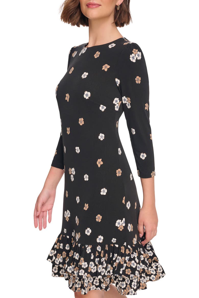 Floral Ruffle Hem Shift Dress, Alternate, color, BLACK/ CREAM