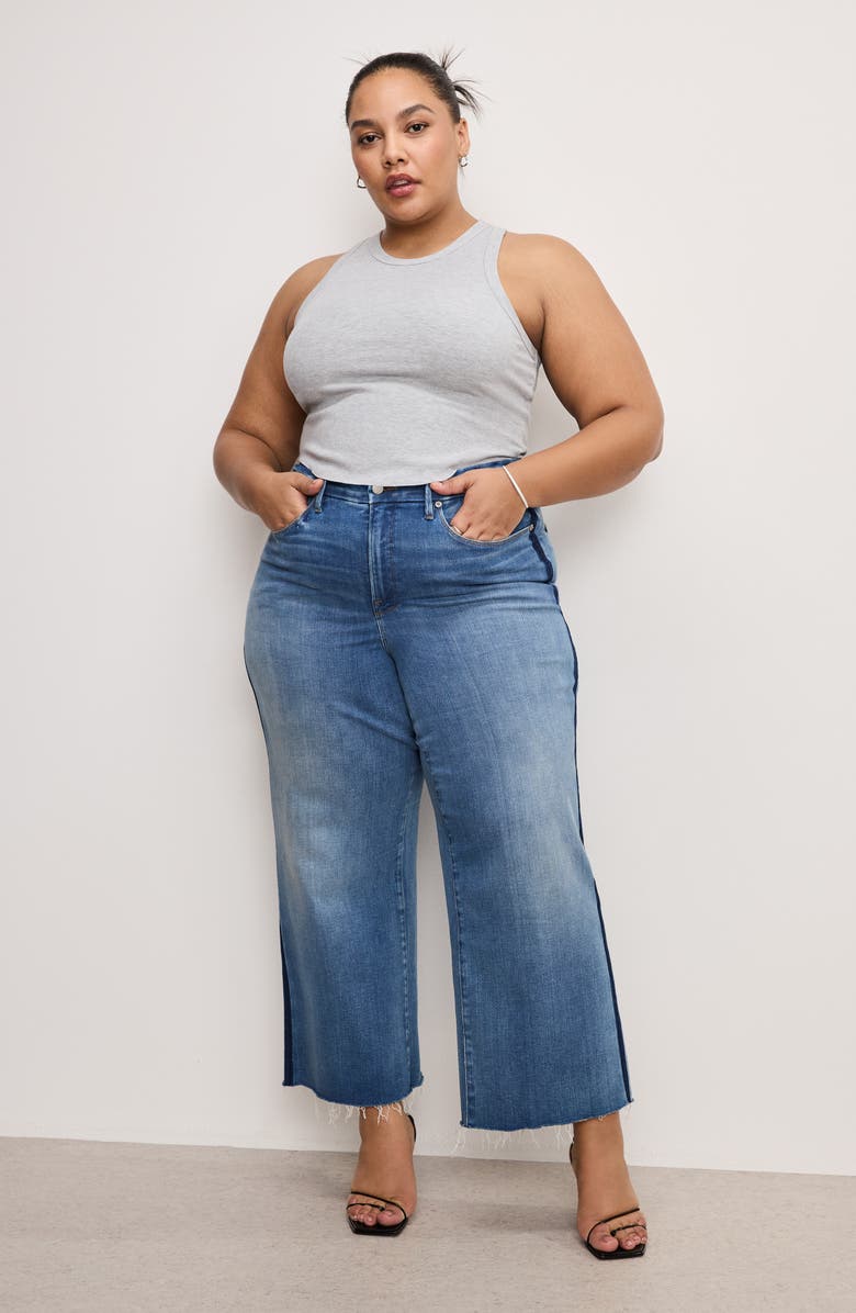 Good American Good Waist Side Stripe Frayed Crop Palazzo Jeans, Alternate, color, Indigo857