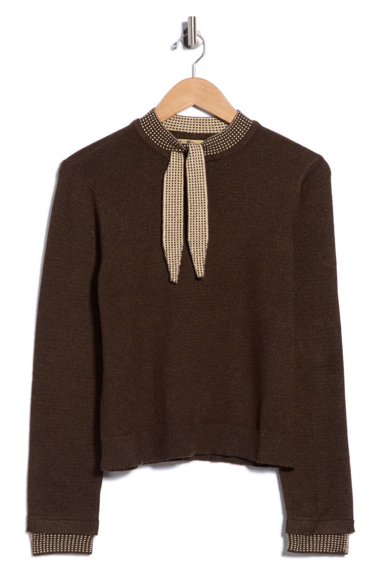 Contrast Tie Crewneck Sweater, Alternate, color, HEATHER DARK BROWN/ OATMEAL