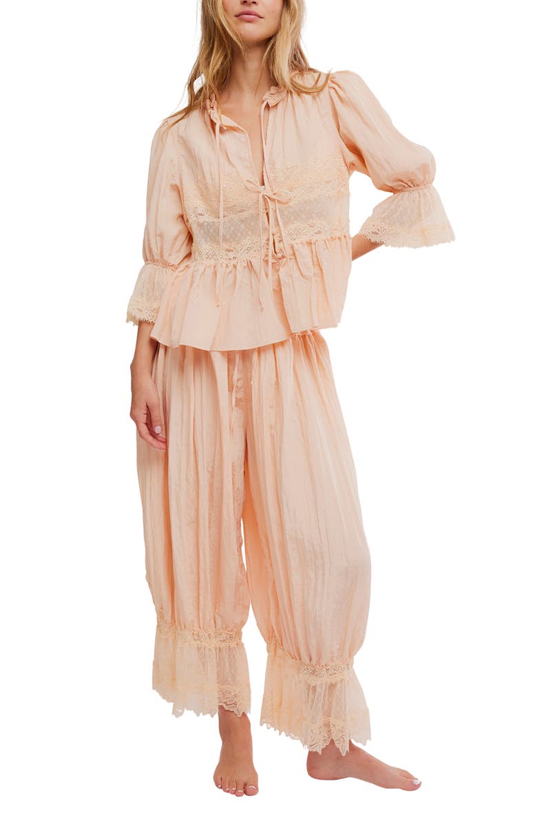 Free People Forever Young Lace Accent Tie Front Top, Alternate, color, Peach Pit