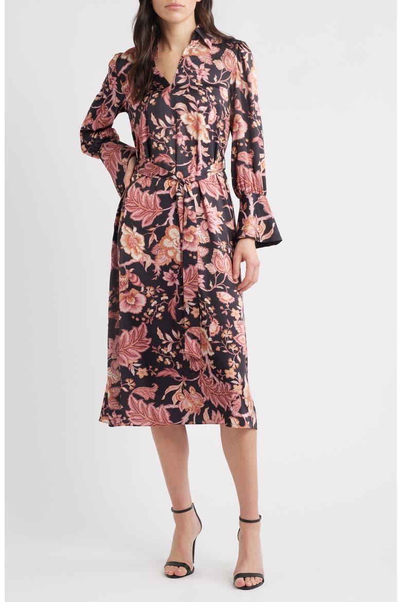 Long Sleeve Tie Belt Satin Midi Shirtdress, Main, color, BLACK MULTI
