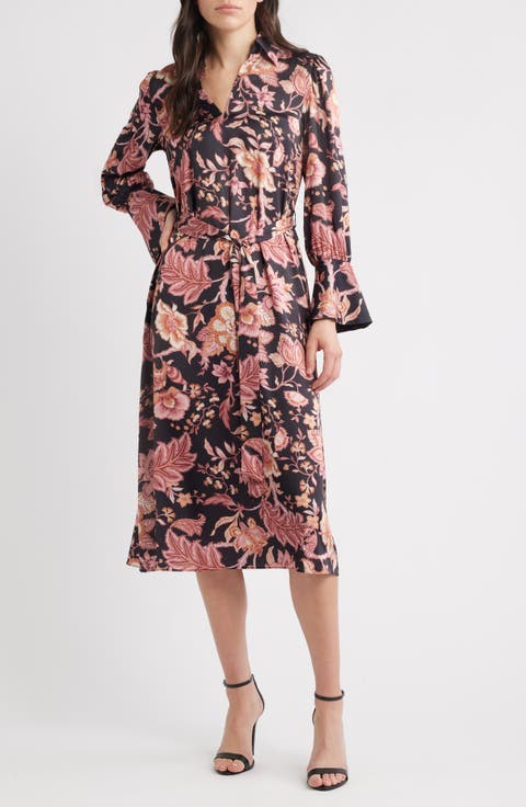 Long Sleeve Tie Belt Satin Midi Shirtdress