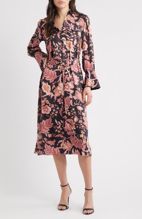 Julia Jordan Long Sleeve Tie Belt Satin Midi Shirtdress In Multi