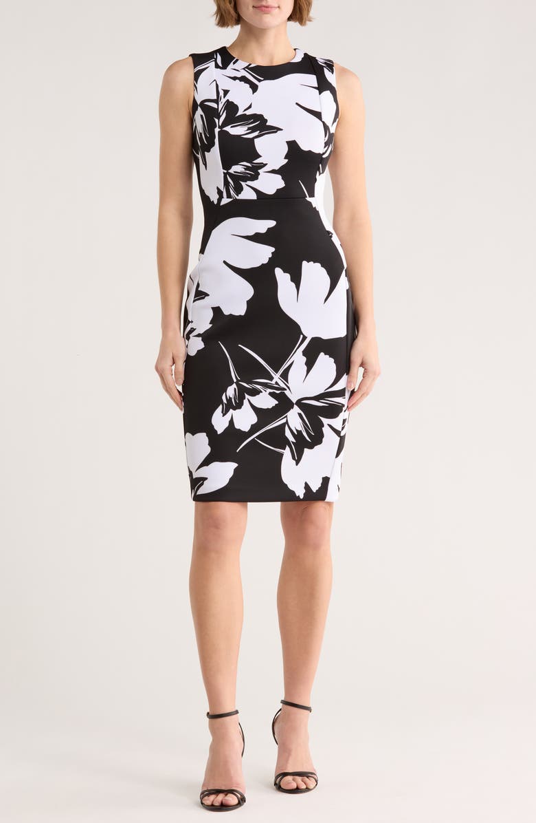 Calvin Klein Floral Print Sheath Dress, Main, color, Black White