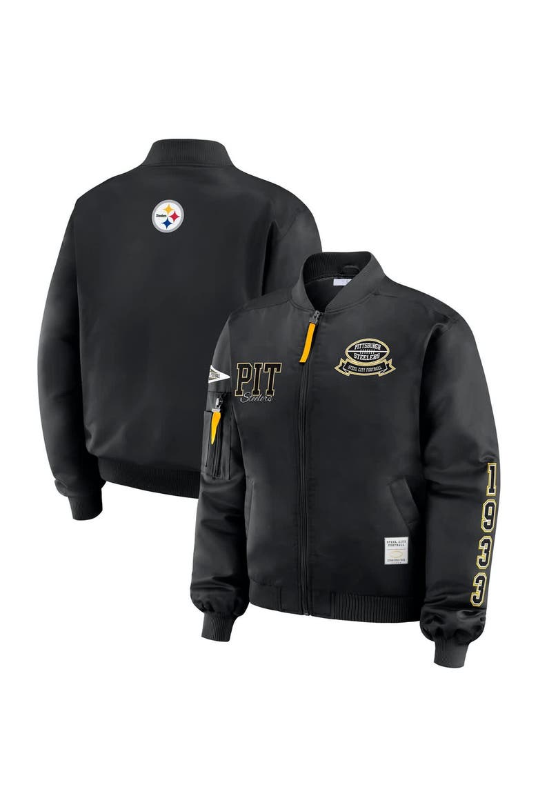 Women's WEAR by Erin Andrews Black Pittsburgh Steelers Patch Full-Zip Bomber Jacket, Main, color, Black