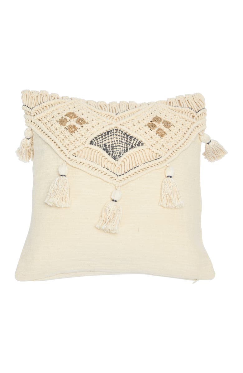 Storied Home Hand-Woven Cotton and Jute Macramé Pillow with Tassels, Main, color, Cream