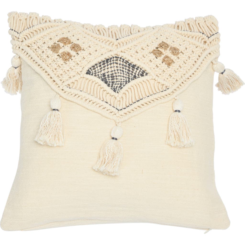 Storied Home Hand-woven Cotton And Jute Macramé Pillow With Tassels In White