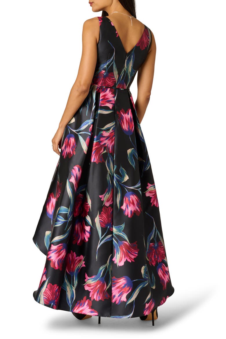 Floral Print Mikado High/Low Gown, Alternate, color, BLACK MULTI