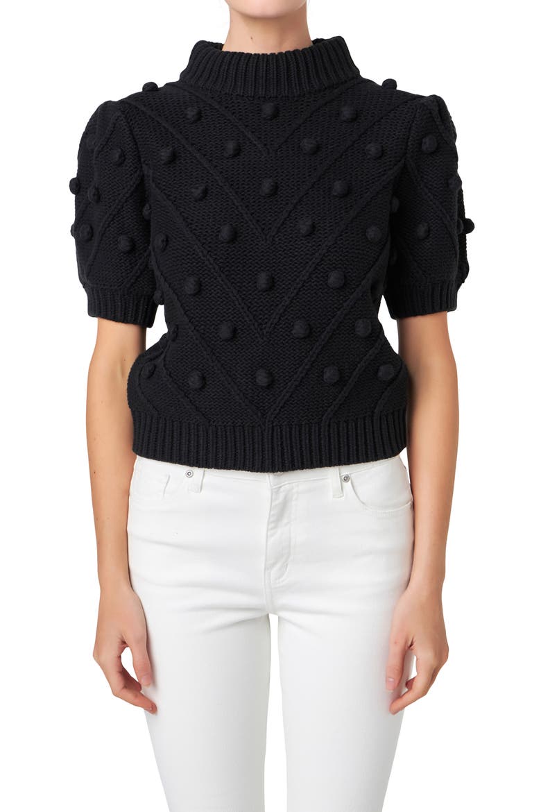 Pompom Puff Sleeve Sweater, Alternate, color, BLACK