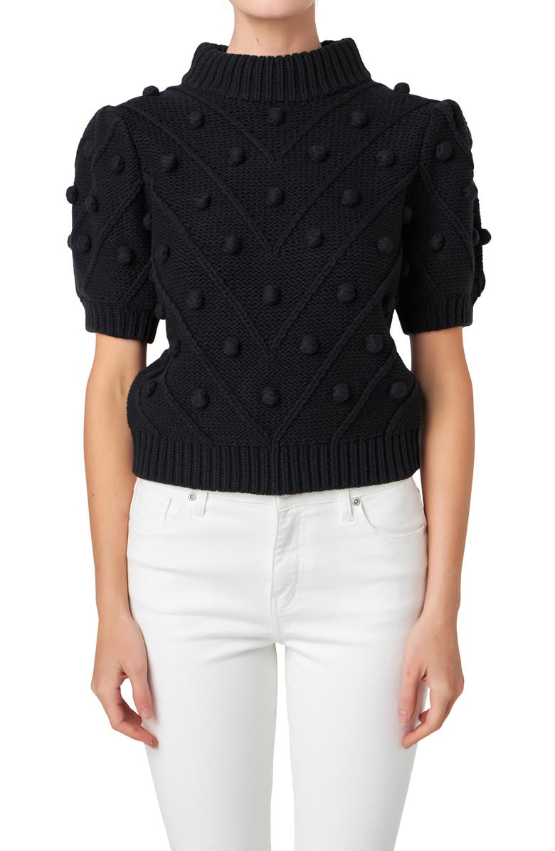 English Factory Pompom Puff Sleeve Sweater, Alternate, color, Black