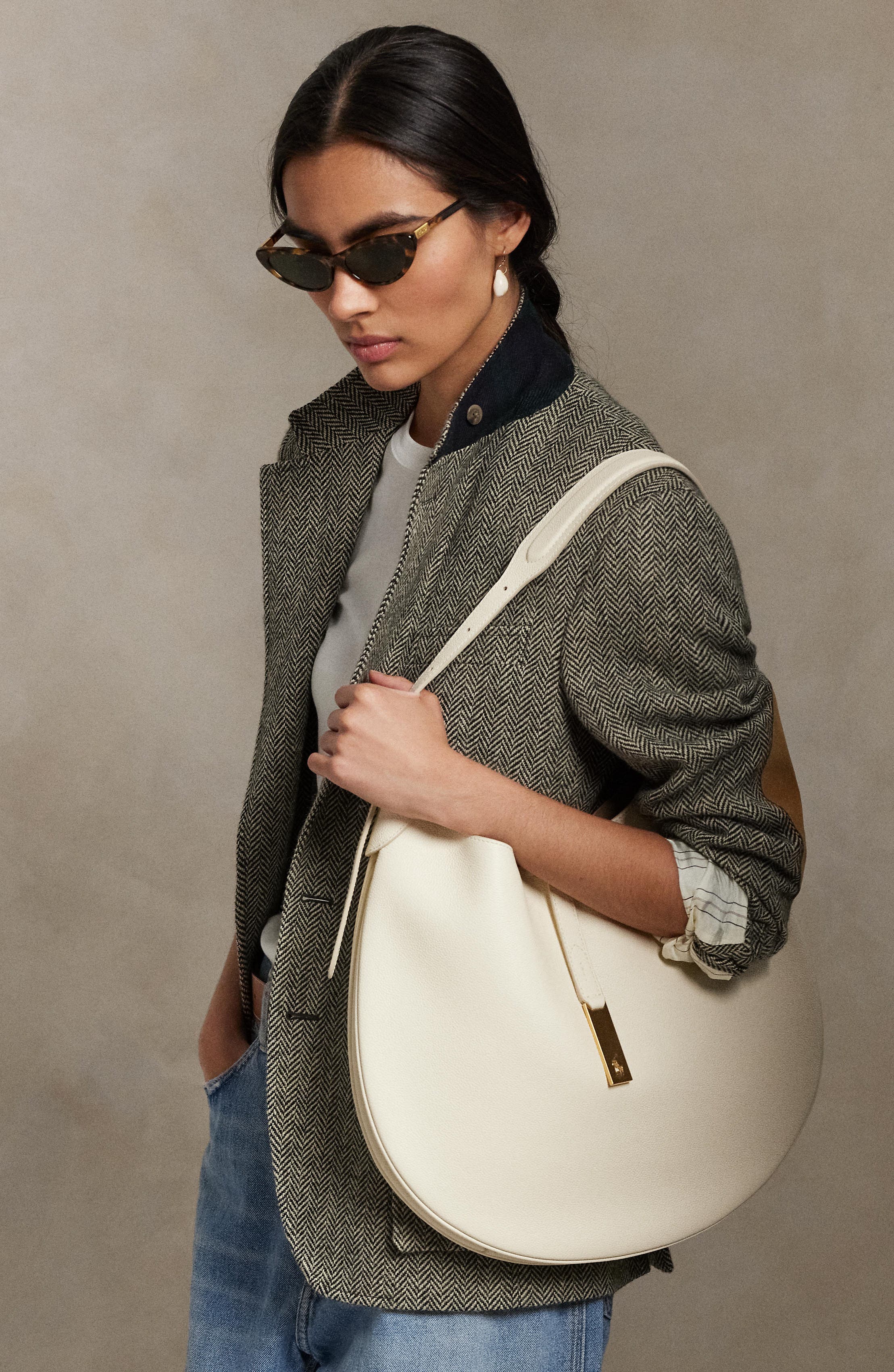 Polo Ralph Lauren Small Polo ID Leather Shoulder Bag, Alternate, color, Ivory