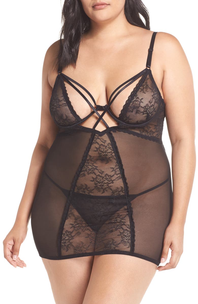 Oh La La Cheri Lace & Mesh Underwire Babydoll Chemise & Thong, Main, color,