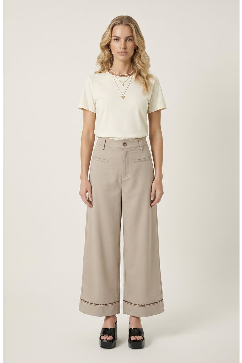 High Waist Wide Leg Pants with Embroidered Hem and Patch Pockets, Alternate, color, Khaki