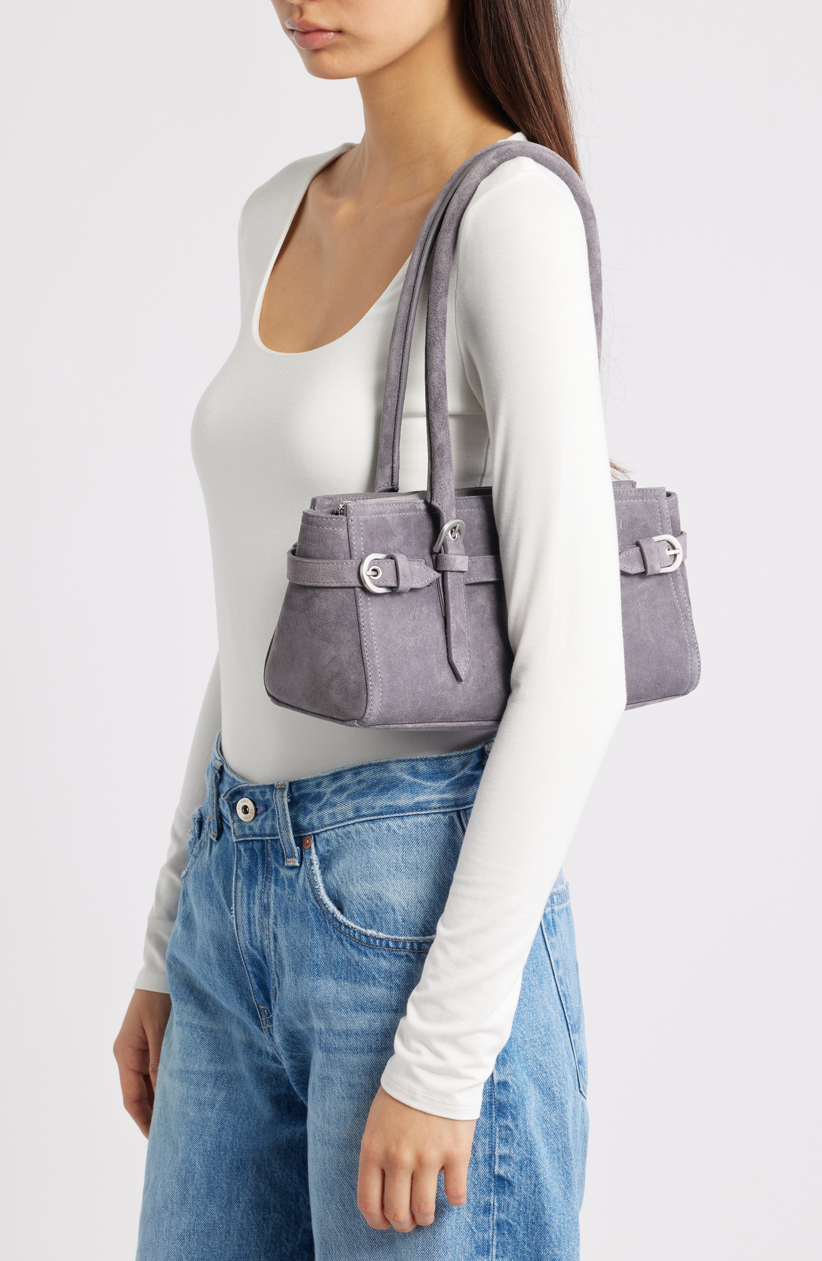 Reformation Dominique Leather Shoulder Bag, Alternate, color, Gunmetal Suede