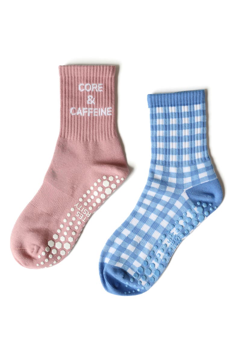 Pilates University 1883 Martha's Vineyard Nonslip Grip Crew Socks, Main, color, Hydrangea Blue/ White/ Blush