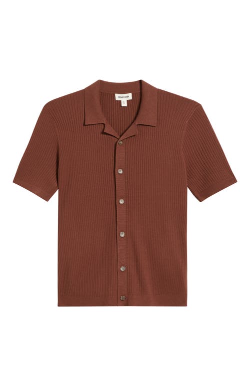 Open Edit Ribbed Short Sleeve Camp Collar Cardigan In Brown Tiramisu