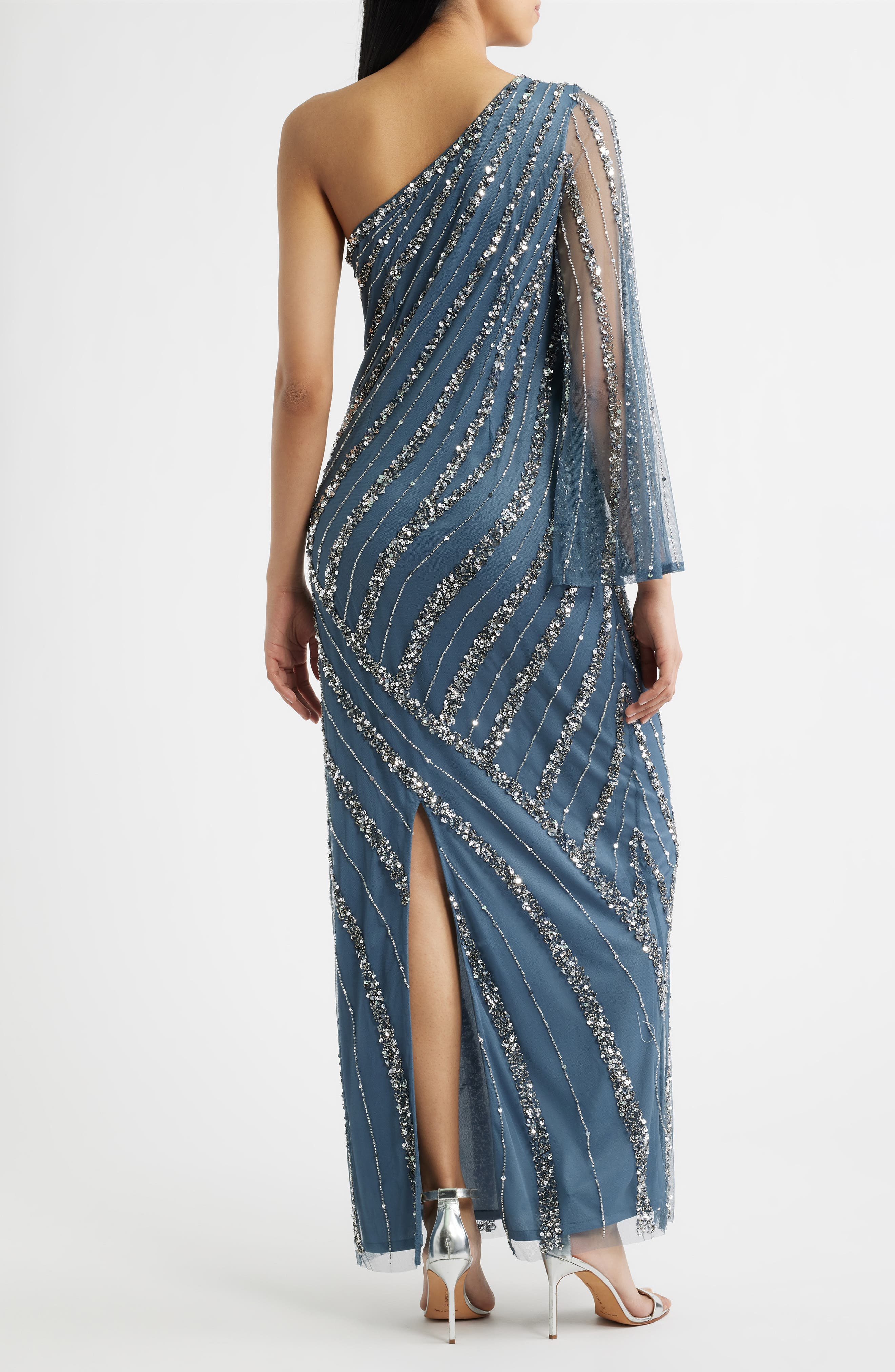 Sequin Beaded One-Shoulder Gown - image 2