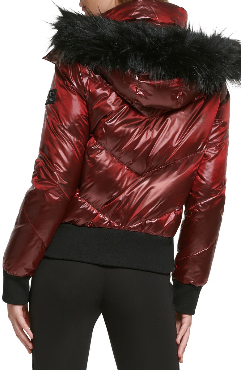 KARL LAGERFELD PARIS Chevron Quilted Water Resistant Faux Fur Trim Bomber Jacket, Alternate, color, 