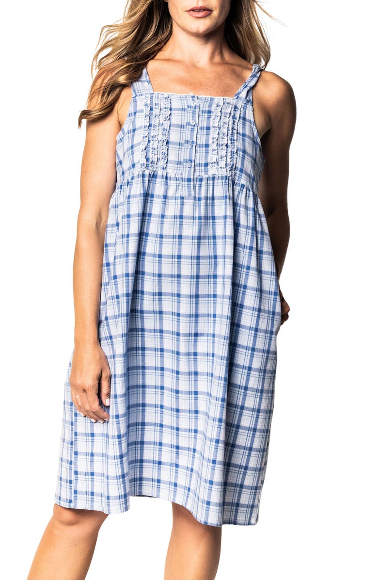 Petite Plume Seafarer Tartan Ruffle Trim Cotton Nightgown, Main, color, 