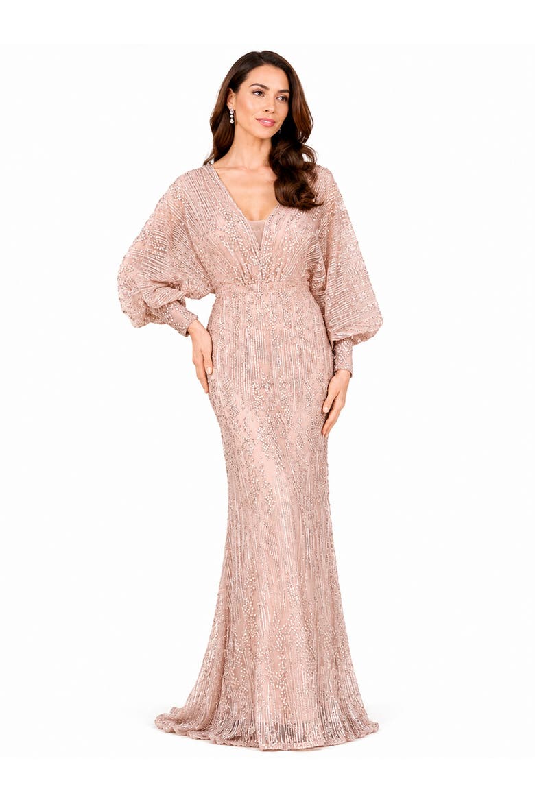 Beaded Faux-Wrap V-Neck Bridal Gown, Alternate, color, Blush
