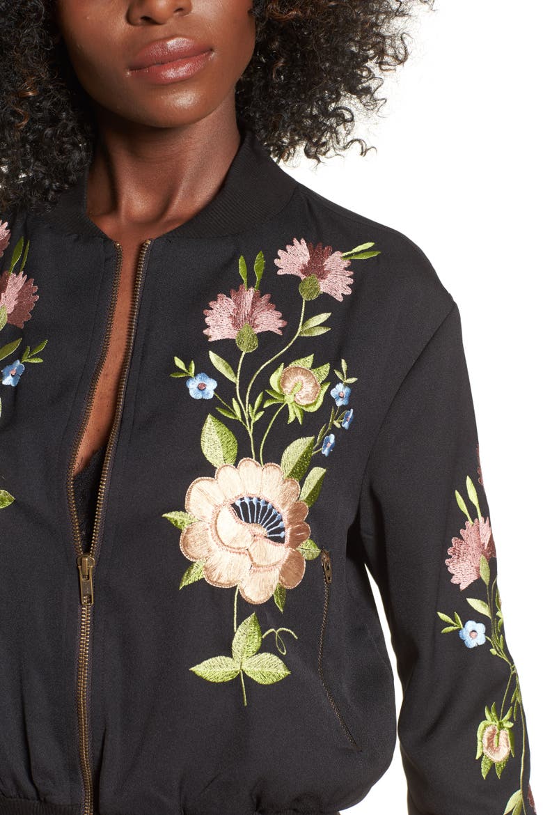 Floral Embroidered Bomber Jacket, Alternate, color, BLACK