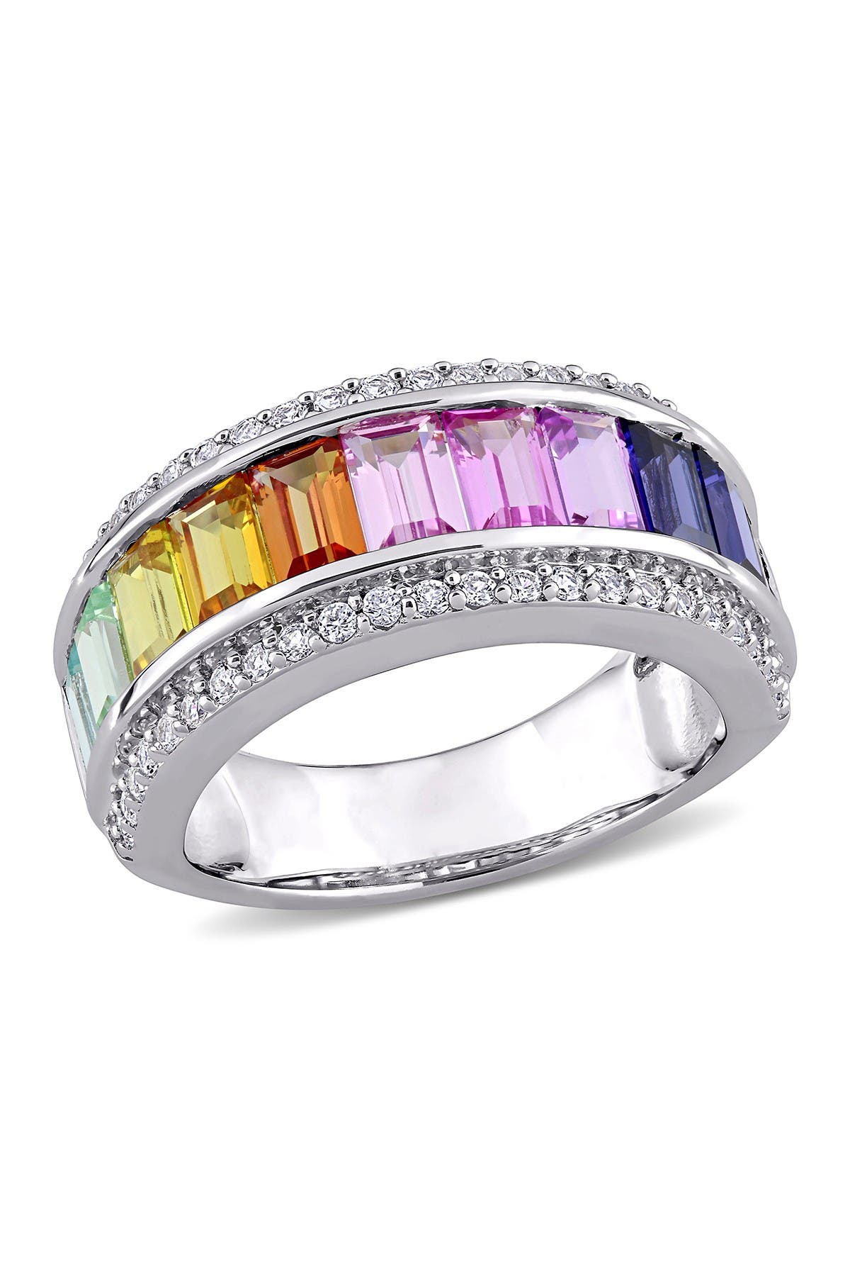 DELMAR Sterling Silver Channel Set Baguette Cut Multi Color Created Sapphire & Pave Trim Band Ring