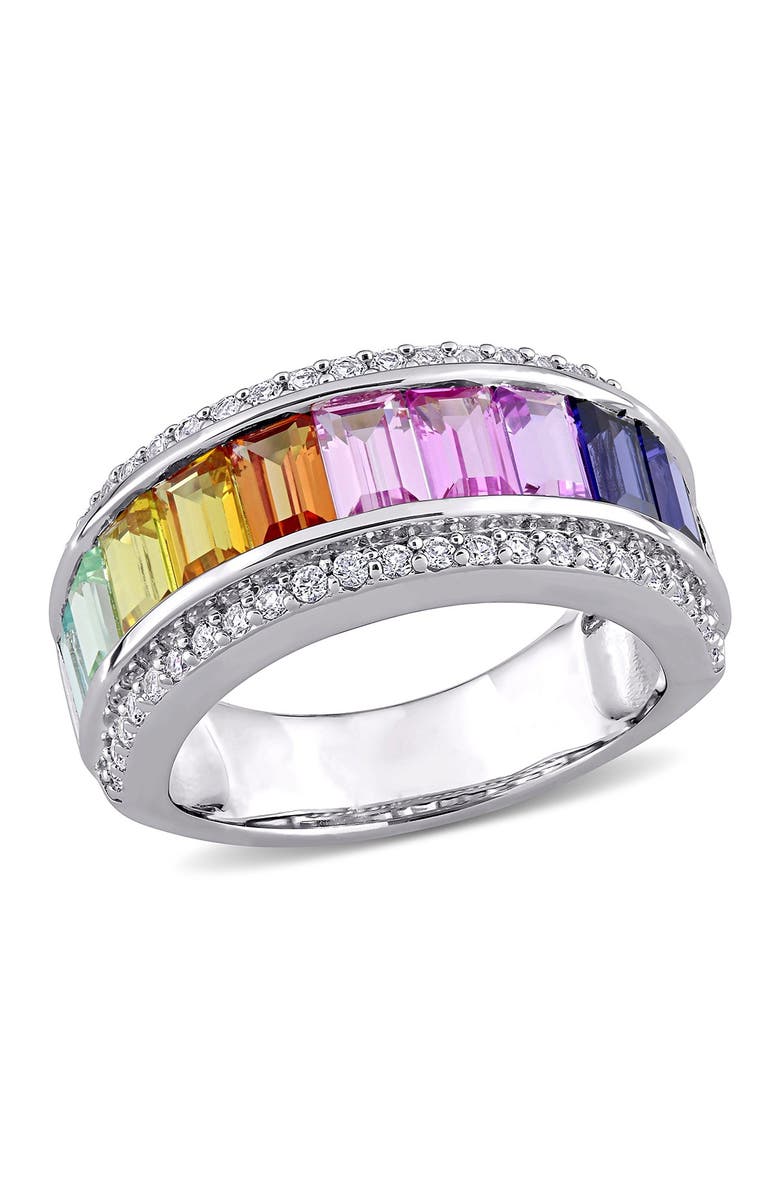 DELMAR Sterling Silver Channel Set Baguette Cut Multi Color Created Sapphire & Pave Trim Band Ring, Main, color, Multi