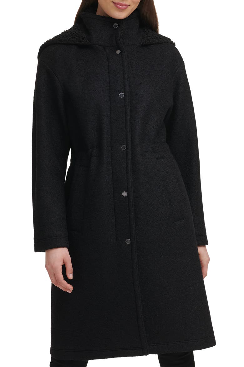 Faux Shearling Lined Hooded Boucle Wool Blend Anorak Jacket, Main, color, BLACK