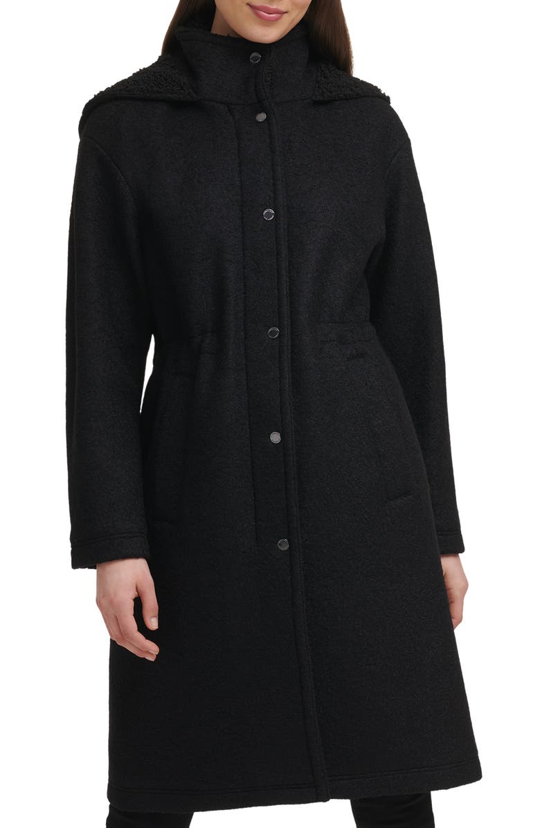 Kenneth Cole New York Faux Shearling Lined Hooded Boucle Wool Blend Anorak Jacket, Main, color, 