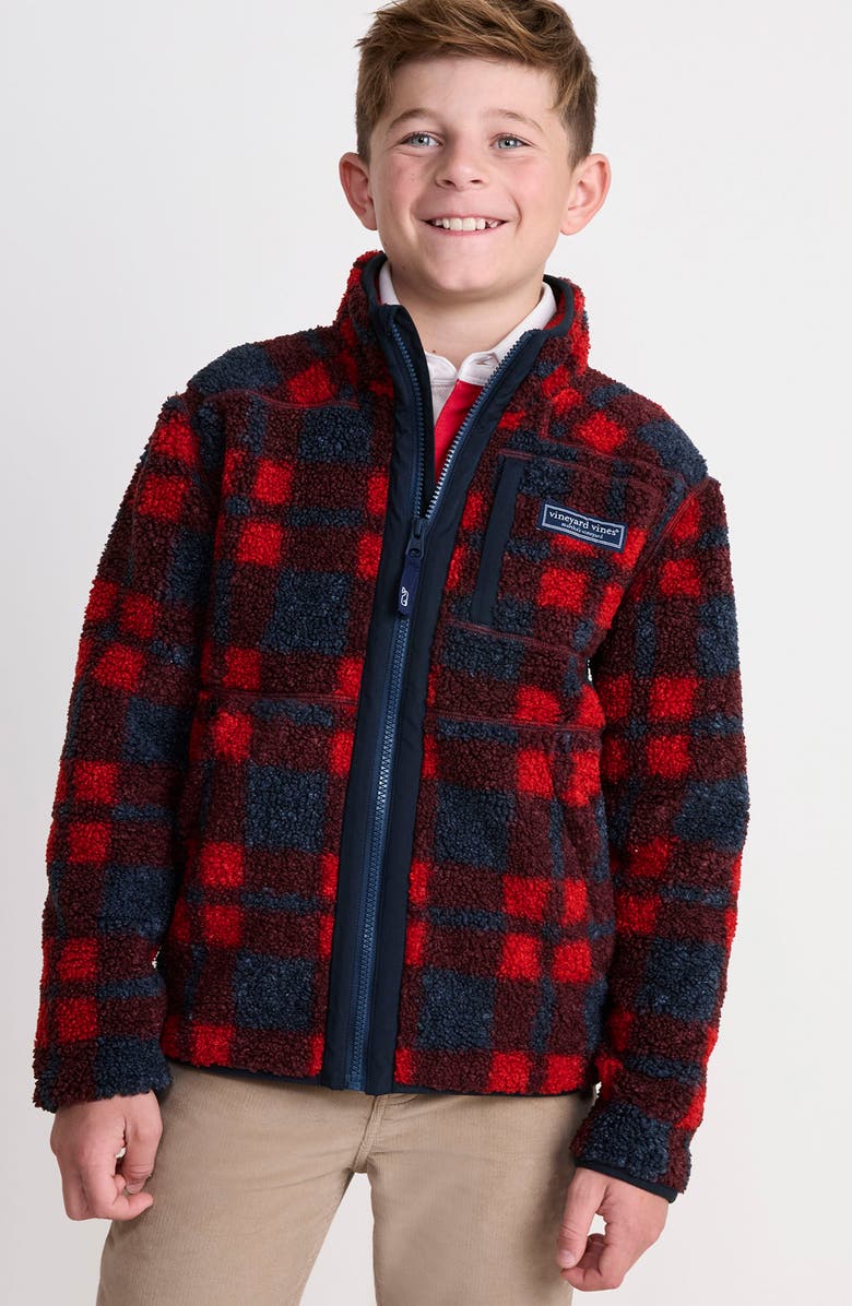 vineyard vines Kids' Plaid Supershep Fleece Zip-Up Jacket, Alternate, color, Red Velvet