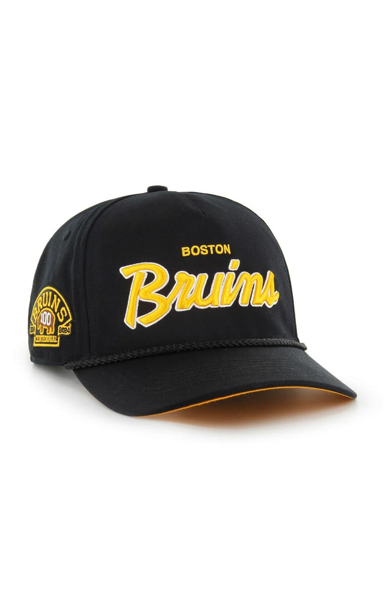 '47 Men's '47 Black Boston Bruins 100th Anniversary Collection Crosstown Script Hitch Adjustable Hat, Main, color,